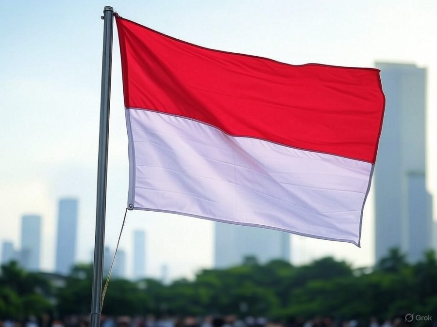Image to depict the Indonesia flag flying with a Jakarta skyline in the background / Indonesian police extradite 29 citizens accused of involvement in an illicit gambling ring in the Philippines.