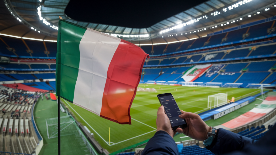 A photo of a football stadium with the Italian flag displayed prominently. In the foreground, there's a person with a smartphone, presumably placing a sports bet. The stadium is partially filled with spectators. The lighting is bright.