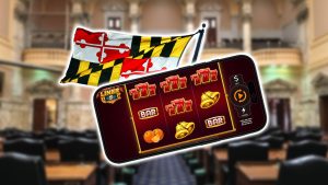 sweepstake casino game on an iphone next to maryland flag on top of blurred image of maryland general assembly