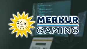 Merkur Gaming logo with blurred background of computers with code on