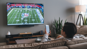 A photo of a person watching an American football game on a TV. The person is sitting on a sofa. The TV is mounted on the wall. The person is holding a phone in their hand. The room has a modern design with a beige sofa and a wooden coffee table. The background contains a potted plant and a lamp.