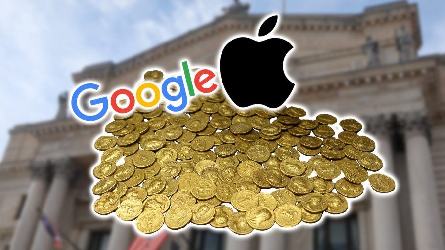 google and apple logos on gold coins in front of new jersey court house
