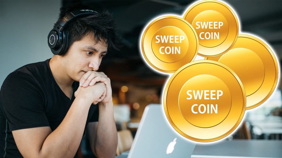 sweepstakes casino represented by man looking at computer with gold coins floating