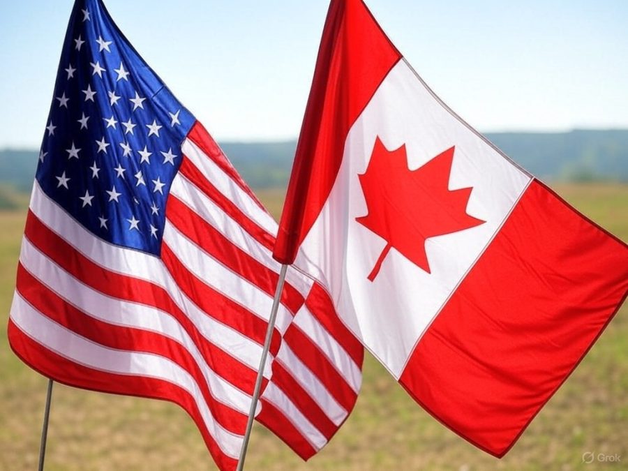 AI image to depict the flags of the USA and Canada / Polymarket bets continue on prospects of end to President Trump's tariffs on Canada.