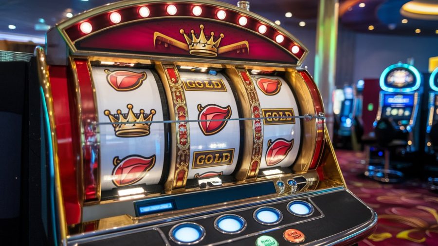 A photo of a casino slot machine with a red and gold theme. The machine has three reels with different symbols, including a golden crown, a red ruby, and a gold bar. The background is dark, and there are small lights above the machine. The machine is in a casino setting with a few chairs and another slot machine in the background.