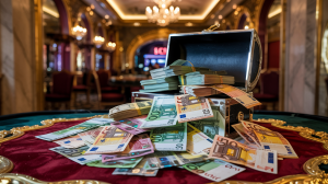 A photograph of a large, chaotic pile of euro banknotes overflowing from a ornate silver chest, scattered across a plush, velvet table. The banknotes are various denominations, creating a textured gradient of greens and yellows, and some are slightly crumpled. In the background, a luxurious casino shimmers with soft, golden light, visible through an archway, hinting at the source of the wealth. The scene is illuminated by a single overhead spotlight, casting dramatic shadows and highlighting the texture of the currency.
