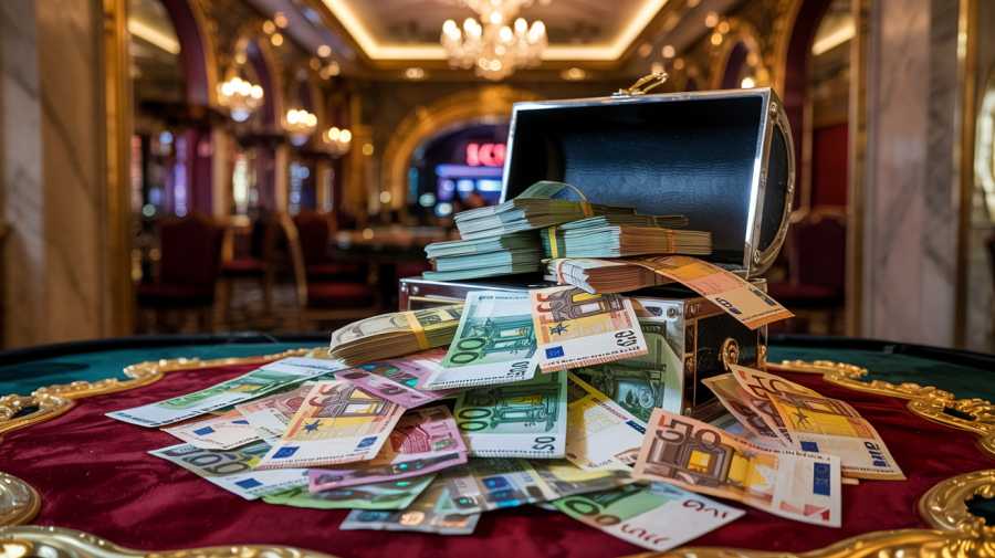 A photograph of a large, chaotic pile of euro banknotes overflowing from a ornate silver chest, scattered across a plush, velvet table. The banknotes are various denominations, creating a textured gradient of greens and yellows, and some are slightly crumpled. In the background, a luxurious casino shimmers with soft, golden light, visible through an archway, hinting at the source of the wealth. The scene is illuminated by a single overhead spotlight, casting dramatic shadows and highlighting the texture of the currency.