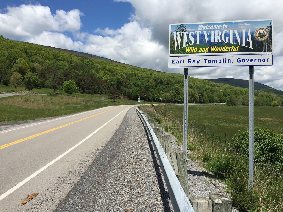 "Welcome to West Virginia" sign along northbound U.S. Route 220 entering Pendleton County, West Virginia from Highland County, Virginia