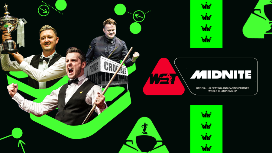 Black background with neon green shapes dotted around it. Three snooker players are on the left and the WST and Midnite logo on the right.