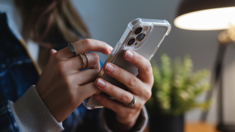 A close-up shot of hands holding a mobile phone. The person's hands are wearing rings. The phone is in a protective case. The background is blurred and contains a plant and a lamp.
