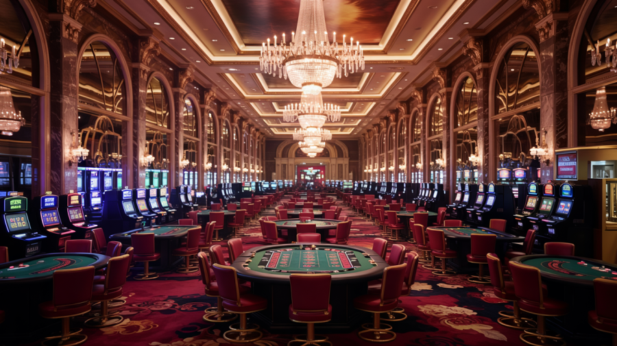 A photograph of a sprawling, opulent casino interior devoid of people. The vast gaming floor is covered in plush, deep crimson carpets, with rows of elaborate poker tables and slot machines gleaming under a crystal chandelier. The walls are adorned with intricate gold detailing and massive, floor-to-ceiling windows revealing a blurred cityscape outside. Soft, diffused lighting highlights the rich textures and luxurious atmosphere, creating a sense of quiet grandeur.