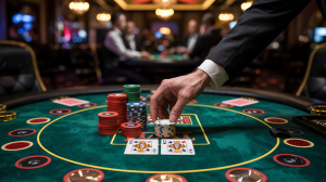 A photograph of a luxurious poker table set in a dimly lit, high-stakes casino. The table is covered in emerald green felt and scattered with stacks of colorful poker chips; a particularly large pile of red chips rests near the center. A single hand reaches into the frame, delicately pushing forward a stack of white poker chips towards a pile of blue ones, while a pair of 
