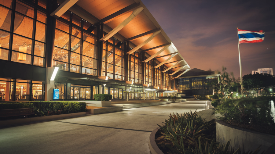 A photo of a large casino with a Thailand flag flying in the background. The casino has a modern architecture with large windows. The building is lit up at night. The ground in front of the casino is paved with concrete. There are some plants and a bench near the building. The overall scene has a warm hue.