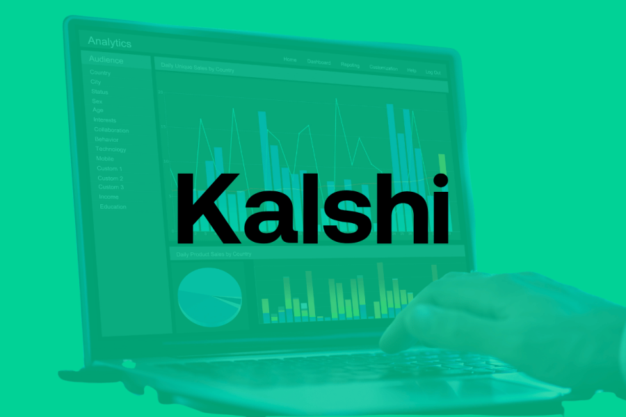 Kalshi vs Polymarket prediction betting sites shake up US gambling industry - what you need to know. Kalshi logo on faint image of predictive data analytics