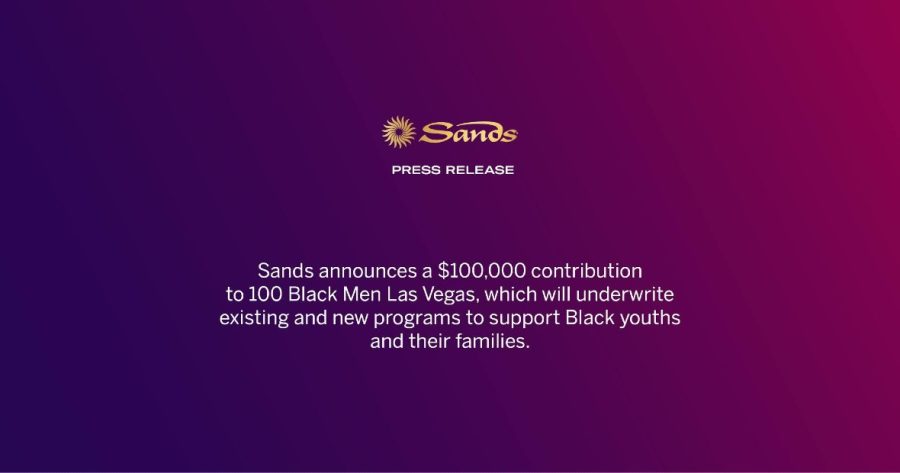 Sands logo in gold font on a purple background announcing charity donation