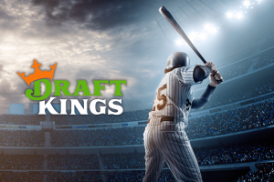 MLBPA fights DraftKings appeal in ongoing publicity rights lawsuit. DraftKings green and white typography logo next to person playing baseball in moody grey stadium.