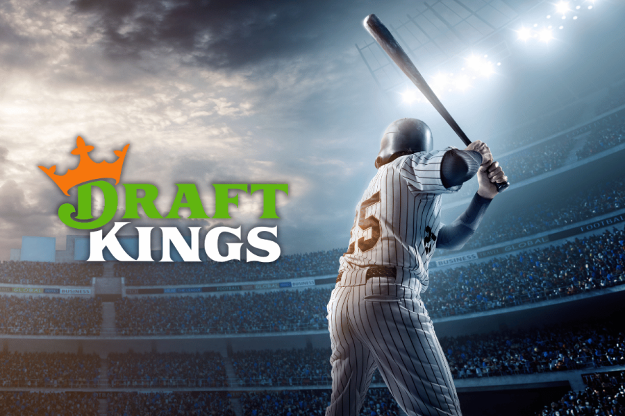 MLBPA fights DraftKings appeal in ongoing publicity rights lawsuit. DraftKings green and white typography logo next to person playing baseball in moody grey stadium.
