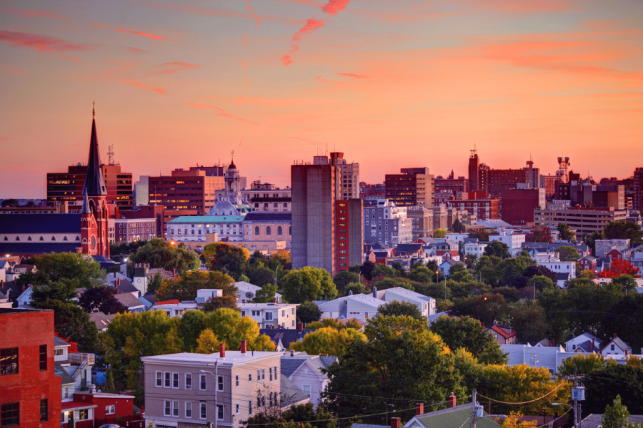 Maine bill proposes exclusive mobile gaming rights for Wabanaki tribes. Cityscape of Portland, Maine.