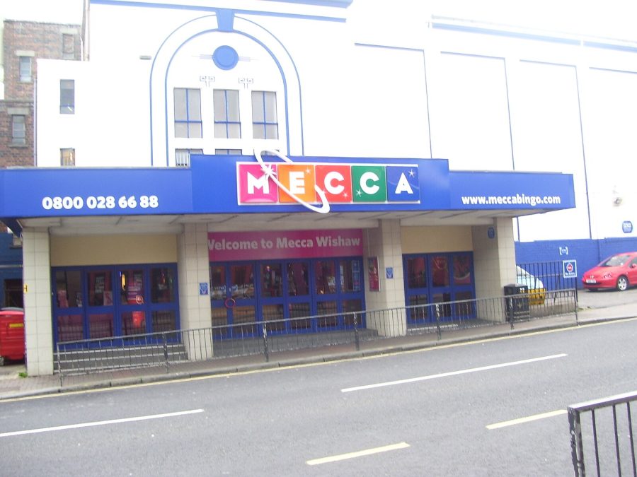Mecca Bingo in Wishaw, outside of the building. Can see the colorful logo.