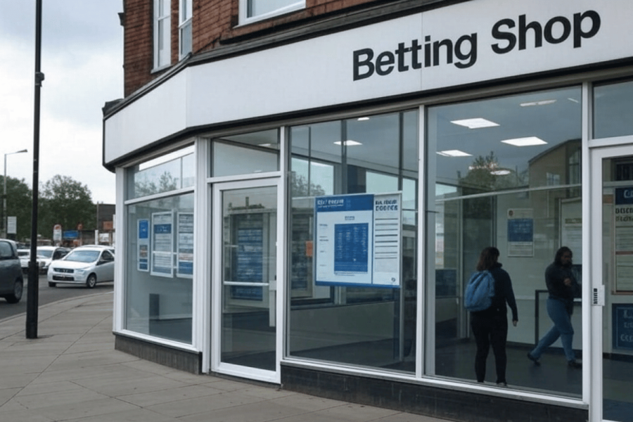 Create image of a UK betting shop. AI image of a generic betting shop on a UK high street.