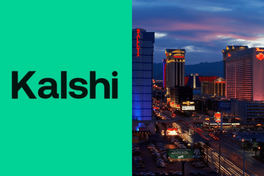 Nevada fights Kalshi in court, citing conflicting arguments and Tenth Amendment. Judge partially sides with Kalshi. Kalshi typed logo on top of green background next to cityscape of Nevada.