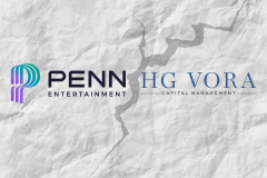 Penn claims it offered HG Vora solutions as proxy fight intensifies ahead of June vote. Logos of Penn Entertainment and HG Vora on crumpled paper background and crack in between.