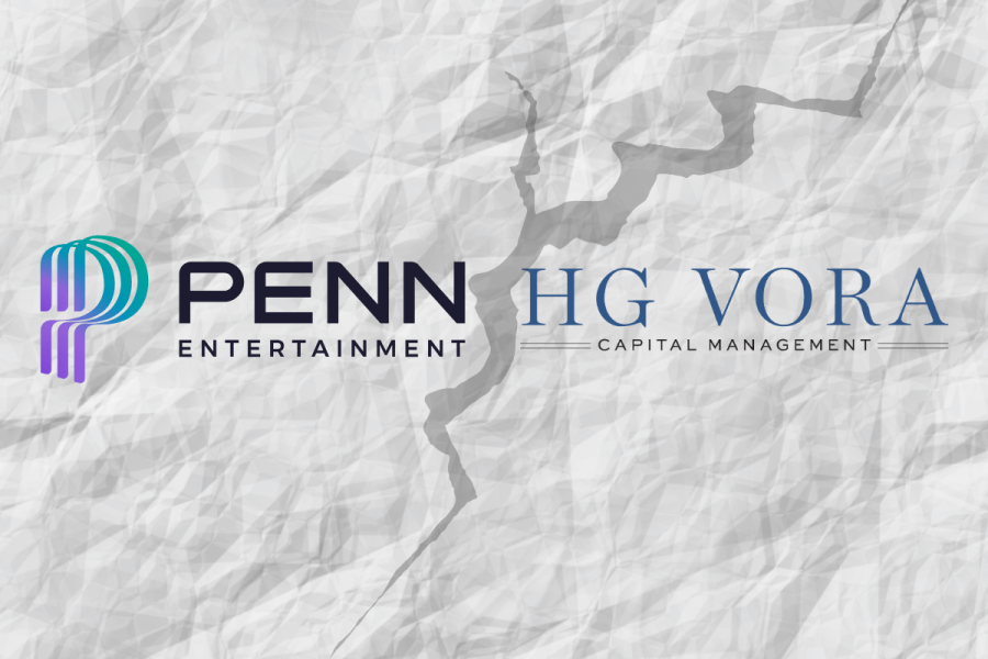 Penn claims it offered HG Vora solutions as proxy fight intensifies ahead of June vote. Logos of Penn Entertainment and HG Vora on crumpled paper background and crack in between.