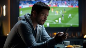 A cinematic shot of a man sitting in a dimly lit room. He is wearing a grey hoodie and has a beard. He is holding a smartphone. The background reveals a large screen with a soccer match. There's a cup and a plate with food near the man.