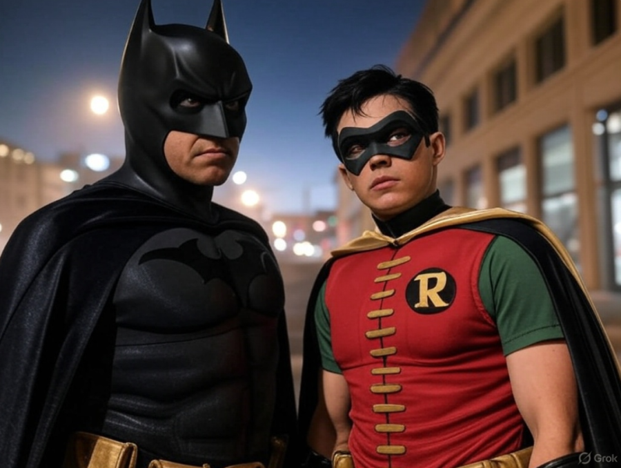 AI image to depict two police officers dressed as Batman and Robin / Two police officers, dressed as Batman and Robin, swooped on Westminster Bridge as part of a bizarre crackdown on illegal gambling.