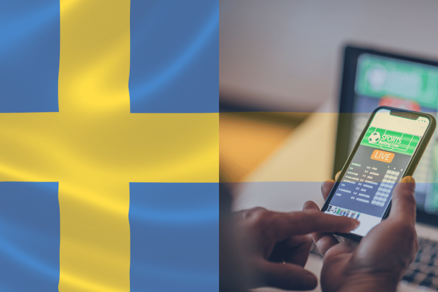 Sweden struggles to curb unlicensed online gambling, new report suggests. Blue and yellow Swedish flag next to image of someone gambling on their phone. It's now appealing a decision against Svenska Spel