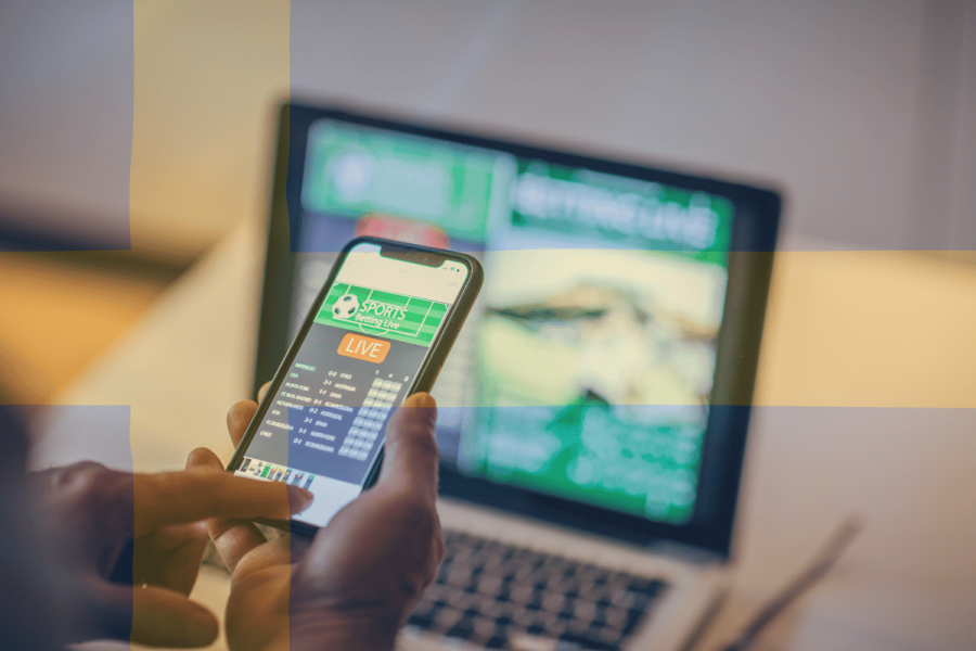 Sweden struggles to curb unlicensed online gambling, new report suggests. Blue and yellow Swedish flag under image of someone gambling on their phone.