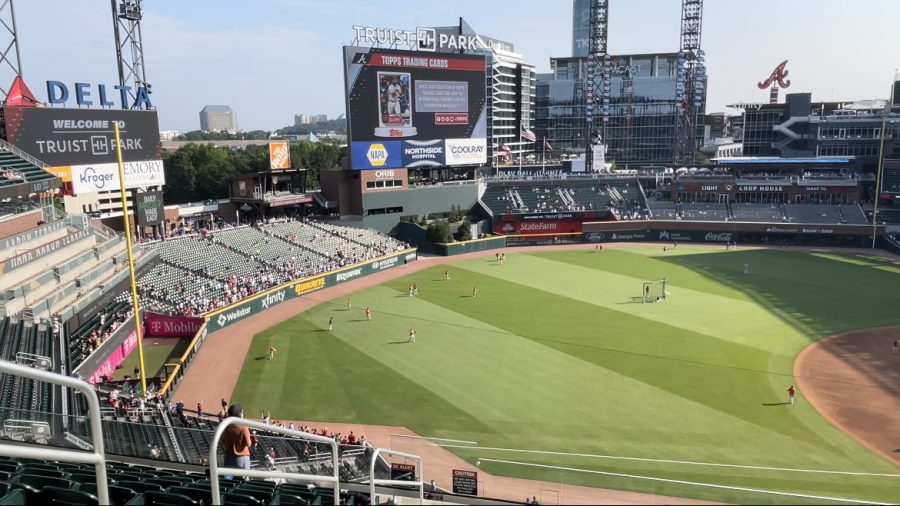 Truist Park on May 25, 2023. Can see half of the stadium, including the stands.