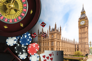 UK proposes single tax for remote gambling despite opposition. UK Houses of Parliament composite with Russian roulette, cards, and casino chips.