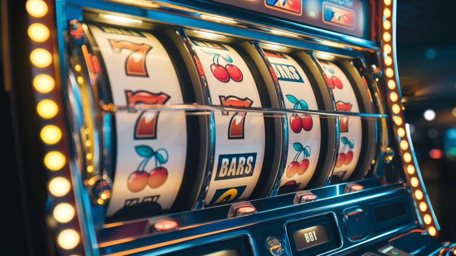 A cinematic shot of a casino slot machine. The slot machine has a classic design with cherries, bars, and 7s as symbols. The reels are spinning and are about to stop. The background is dark. The lighting on the slot machine is warm.