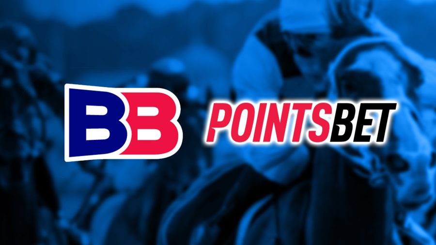 BlueBets and PointsBets logos over a picture of horse racing