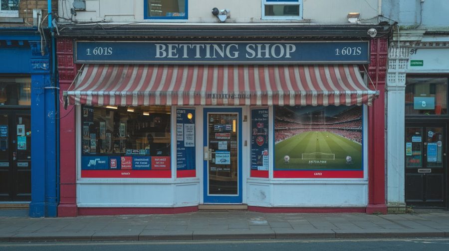A photo of a betting shop in the UK with a banner that says "betting shop". The shop has a red and white striped awning. There is a poster of a football match on the wall. The street is empty. The lighting is bright.