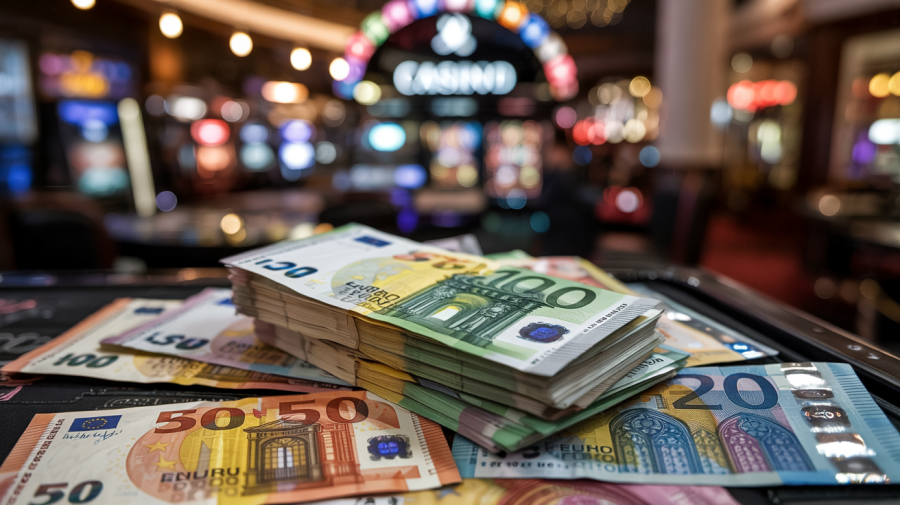 euros stacked up in a pile with a casino in the background