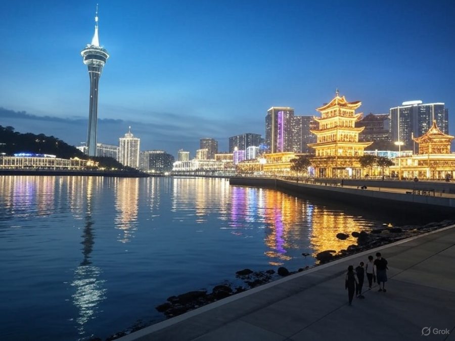 AI image to depict Macau skyline at night / Sam Hou Fai, the Chief Executive of Macau, has intimated that the government will oversee the conclusion of the satellite casino transition process in accordance with recognized legal procedures.
