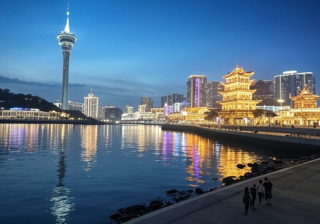 AI image to depict Macau skyline at night / Sam Hou Fai, the Chief Executive of Macau, has intimated that the government will oversee the conclusion of the satellite casino transition process in accordance with recognized legal procedures.