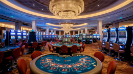 A photo of the inside of a casino. There are many gambling tables and slot machines. In the background, there's a large chandelier. The floor is carpeted.