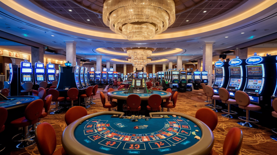 A photo of the inside of a casino. There are many gambling tables and slot machines. In the background, there's a large chandelier. The floor is carpeted.