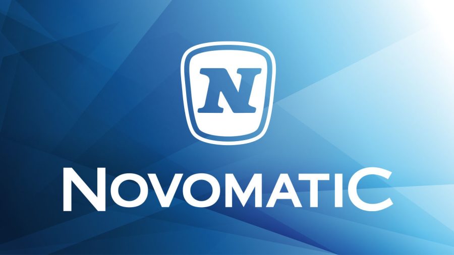 NOVOMATIC logo, blue background with the business name written in white.