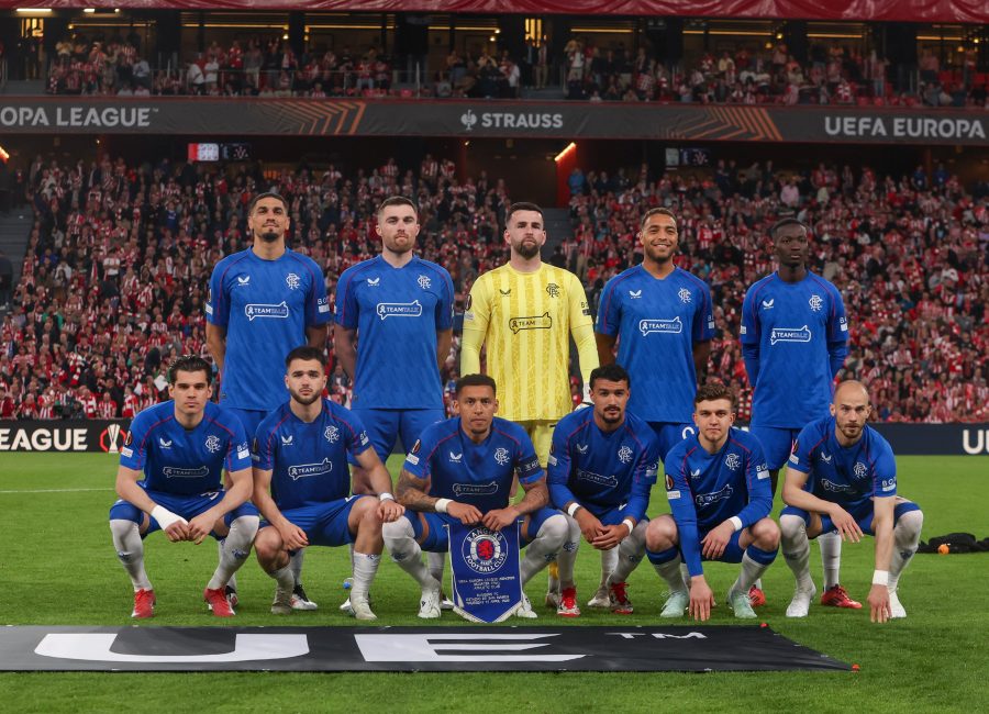 Official Rangers FC image of the team line up v Athletic Club in the Europa League quarter-final, second leg /