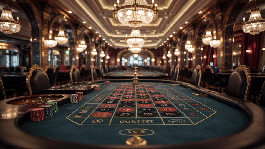 A photograph of the ornate interior of a vast, opulent casino, completely devoid of people. The scene focuses on a sprawling roulette table, meticulously arranged with red and black felt and gleaming gold accents. Scattered across the table are stacks of chips in various denominations, and a single white ball rests on one of the numbered pockets. Crystal chandeliers hang from the high ceiling, casting intricate patterns of light and shadow across the polished marble floor, creating a sense of silent grandeur.