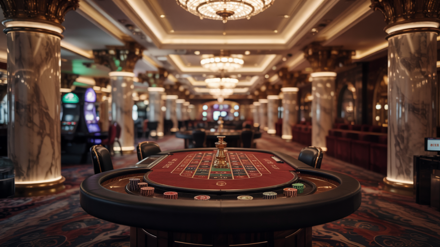 A photograph of an opulent, cavernous casino floor devoid of people, bathed in the cool glow of recessed lighting. A single roulette table sits center frame, draped in a rich crimson felt and scattered with ivory chips. Intricate, gold-leaf detailing adorns the massive marble pillars lining the perimeter, reflecting the soft light and creating a sense of luxurious emptiness. The background fades into a blurred expanse of plush carpets and ornate chandeliers, evoking a feeling of silent grandeur.