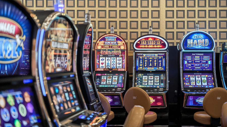 A photo of a close up of a casino. There are a variety of slot machines with different themes. The background is a wall with a pattern of gold and beige squares.