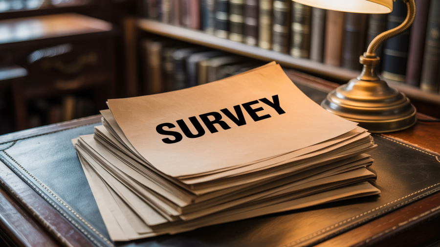 A photograph of a neatly stacked pile of cream-colored papers on a worn, wooden desk. Prominently displayed in the center of the top sheet is the word "SURVEY" written in bold, black capital letters. A vintage brass desk lamp casts a warm glow on the papers, highlighting their textured surface and creating soft shadows. Behind the papers, a blurred background reveals a bookshelf filled with leather-bound volumes, suggesting a quiet study or office environment.