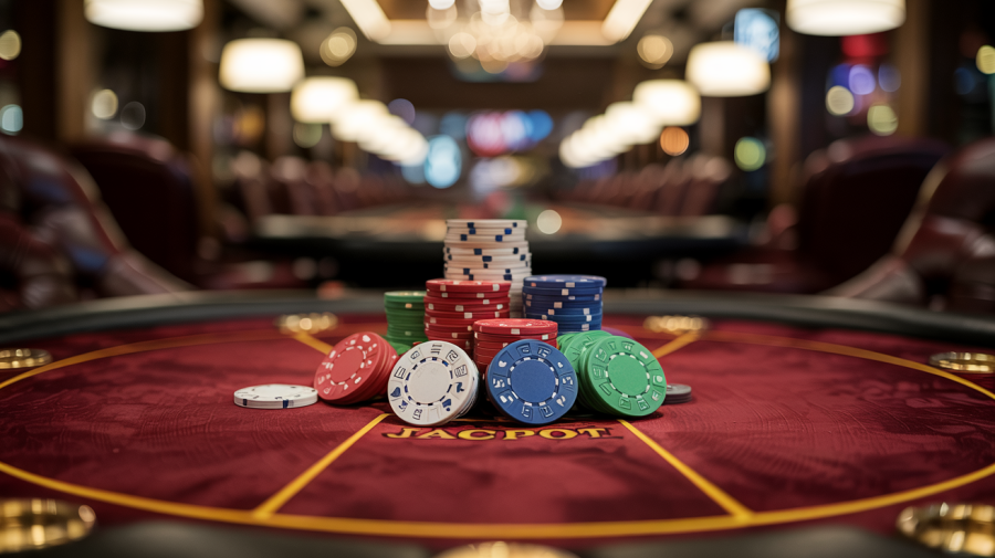 A photograph of a mahogany poker table, focused on the center where a pile of colorful poker chips are neatly stacked. The chips include red, white, blue, and green denominations, with a single "JACKPOT" chip resting on top. Soft, diffused lighting illuminates the table from above, highlighting the felt texture and creating subtle reflections on the chips, while a blurred background suggests a dimly lit, upscale casino atmosphere. The scene evokes a sense of anticipation and high stakes.