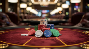 A photograph of a mahogany poker table, focused on the center where a pile of colorful poker chips are neatly stacked. The chips include red, white, blue, and green denominations, with a single 
