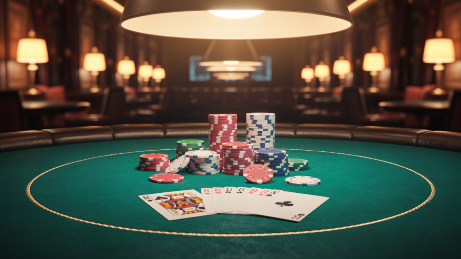 A photograph of a worn, green felt poker table illuminated by a single overhead lamp. Scattered across the table are a few stacks of vibrant poker chips in denominations of red, white, and blue. A single deck of cards lies face down, partially revealing "KING OF SPADES" and a few other visible cards. The background is softly blurred, hinting at the dim lighting and luxurious setting of a high-stakes poker room.